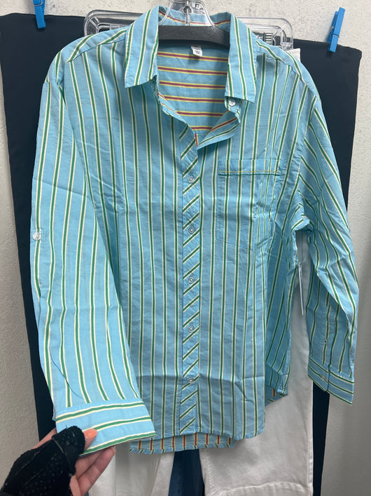 Tribal sea green blue stripe button up shirt