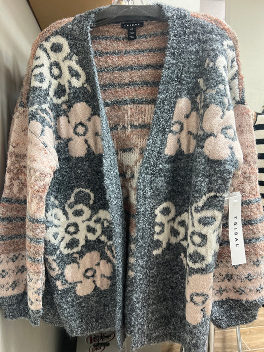 Tribal grey mix floral sweater cardigan