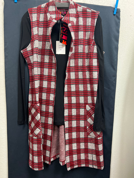 Isle red grey black plaid long vest