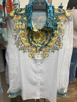 AZI white blue yellow shirt