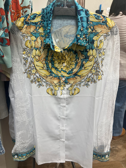 AZI white blue yellow shirt