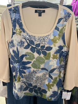 AZI beige embroidered sequin green blue top