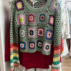 Davi & Dani sage green multi crochet top