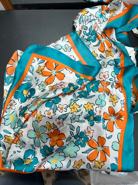 Teal and orange flower scarf