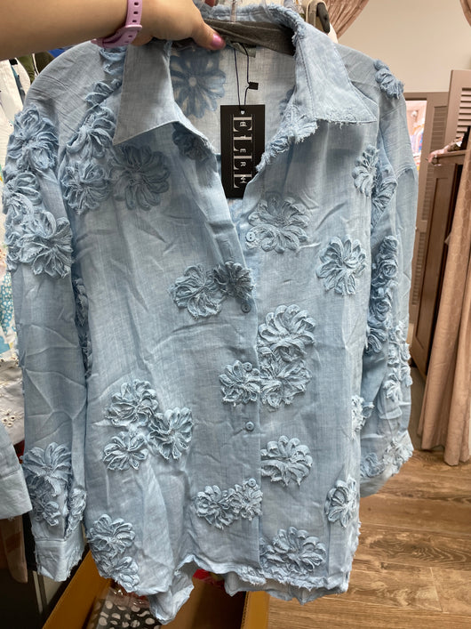 Elle denim blue floral blouse