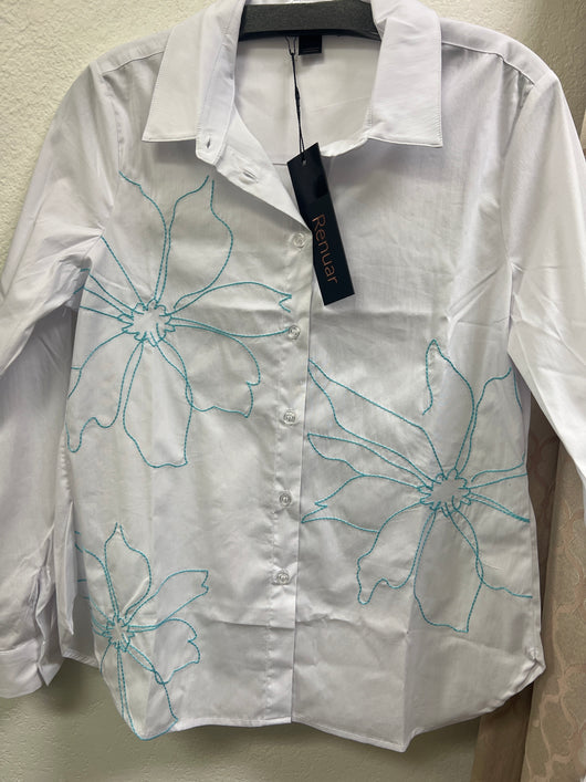 Renuar white shirt aquamarine combo flowers