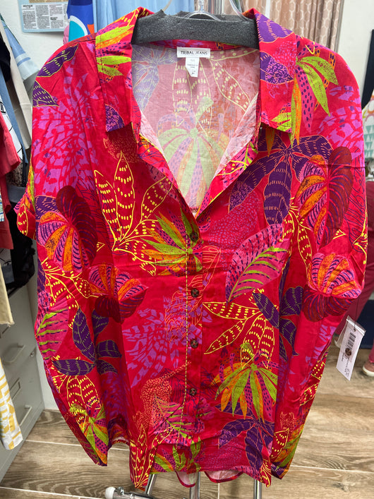 Tribal tango red button up tropical shirt