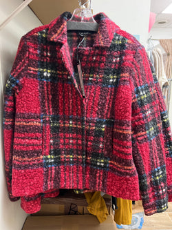 Charlie B red boucle knit plaid coat