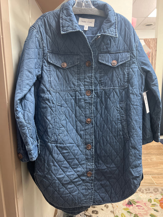 Tribal blue chambray long quilted jacket