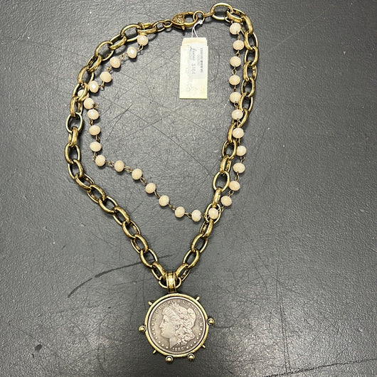 Michele Busch cream crystal brass coin necklace