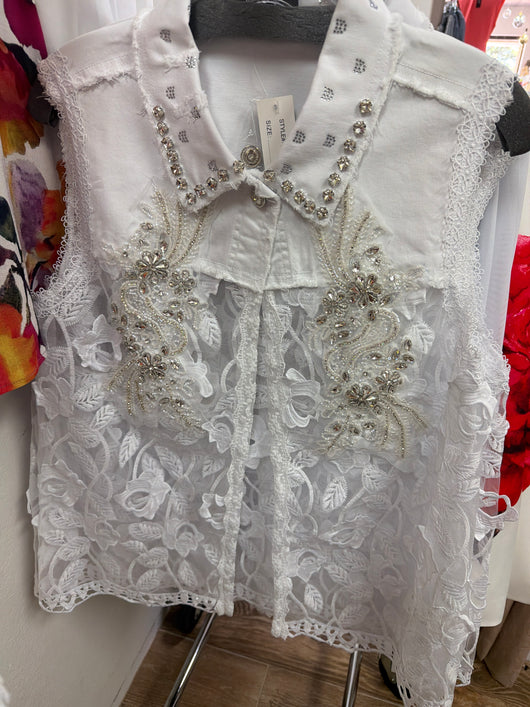AZI white rhinestone lace vest