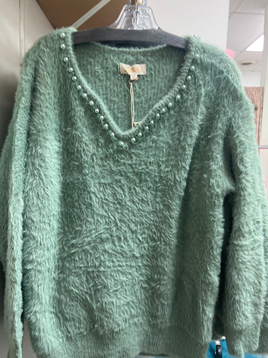 Listicle green fuzzy beaded sweater
