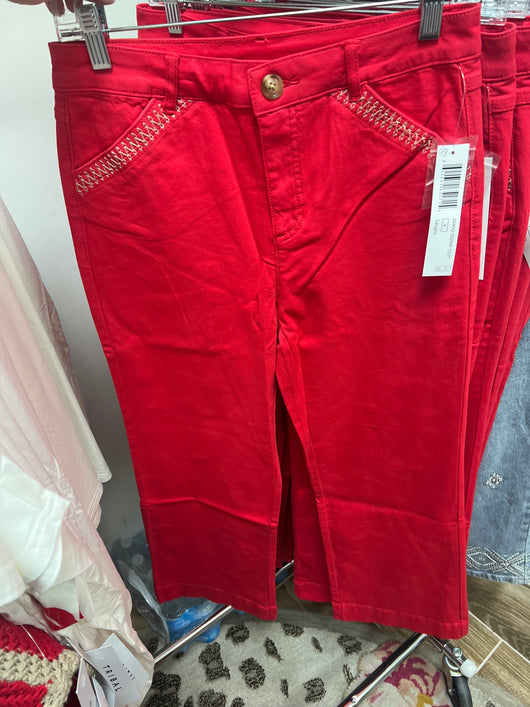 Tribal red embroidered pocket jeans