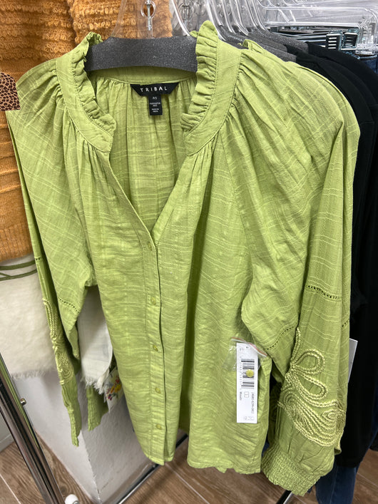Tribal wasabi embroidered top