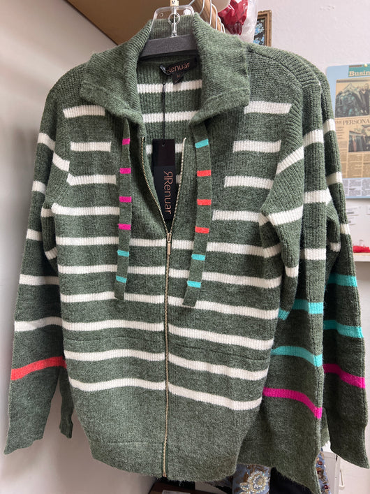 Renuar chive combo stripe zip up sweater