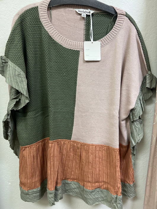 Davi & Dani green tan patchwork ruffle top