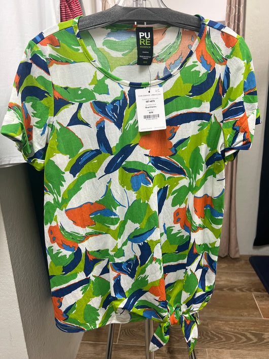 Pure blue green print tie front top