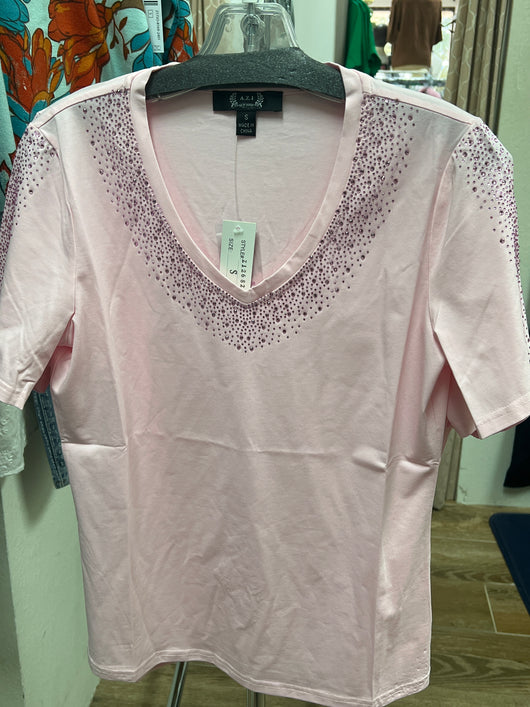 AZI light pink rhinestone v neck top