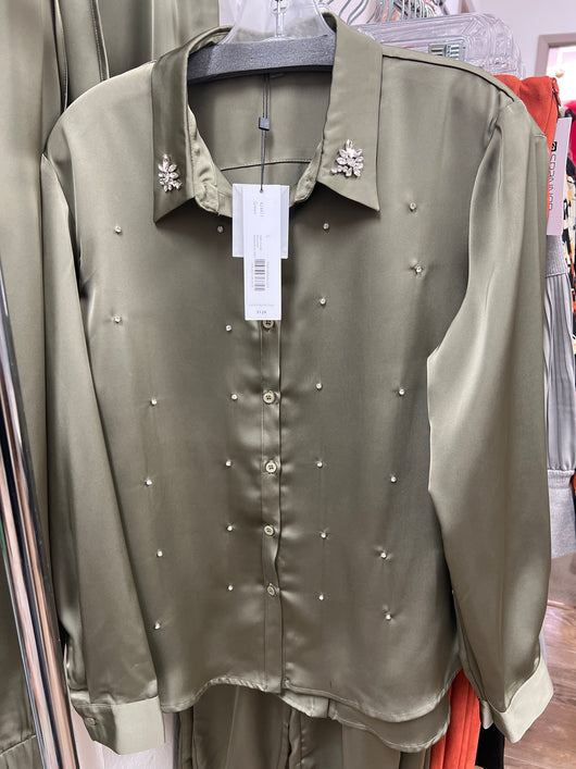 Spanner green satin rhinestone shirt
