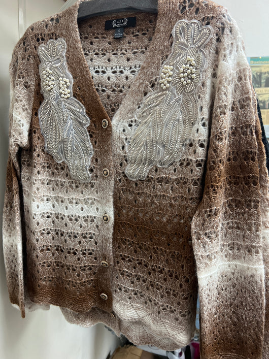 AZI brown white beaded pearl cardigan