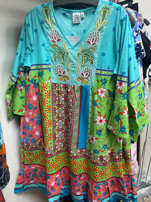 Parsley & Sage turquoise green multi bell sleeve dress