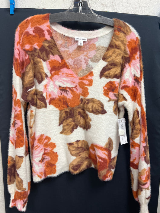 Tribal burnt orange floral fuzzy sweater