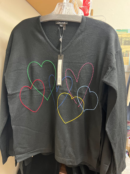 Charlie B black v neck hearts sweater