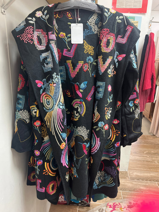Adore black embroidered hoodie duster