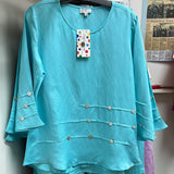 Toofan aqua linen button detail top