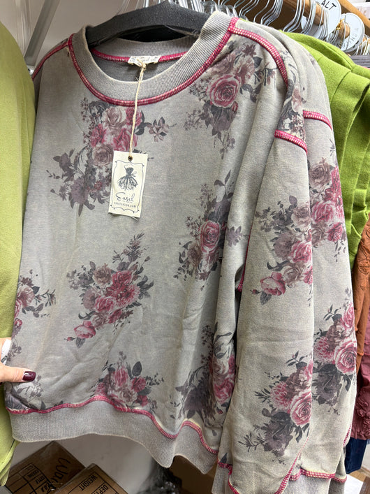 Easel Grey Flowers Top