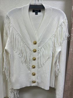 AZI fringe knit white jacket w/ gold buttons