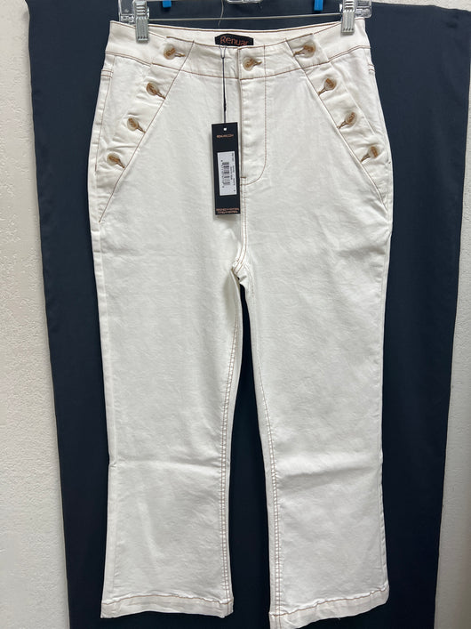 Renuar button detail cropped boot leg jeans white