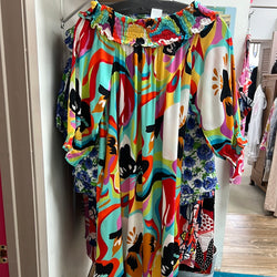 Boho chic multi bright abstract smocked neck dress
