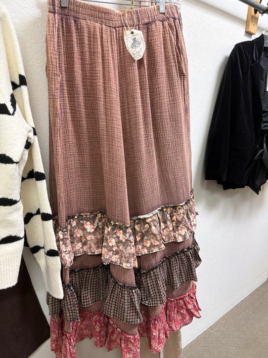 Easel Brown Multi Ruffle Pants