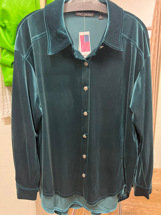 SnoSkins plush velvet peacock button up shirt