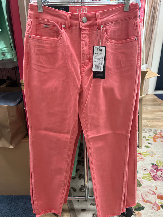 FDJ Olivia slim fray ankle jeans coral