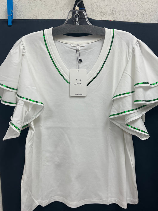 JOH white ruffle sleeve top green sequins