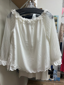 AZI white mesh sleeve pearls blouse
