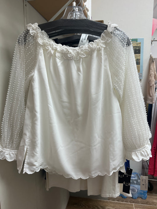 AZI white mesh sleeve pearls blouse