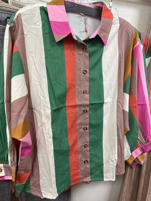 Entro button up multi stripe blouse