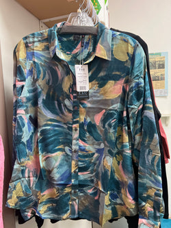 FDJ gallery print teal multi button up blouse