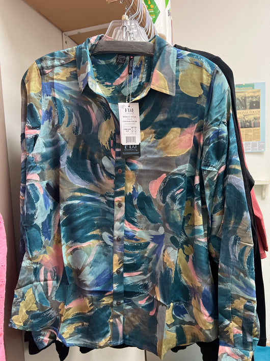 FDJ gallery print teal multi button up blouse