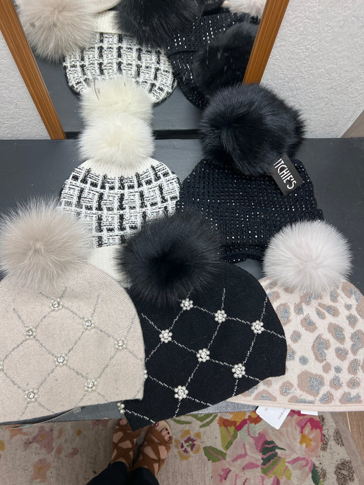 Mitchies fox fur Pom beanies