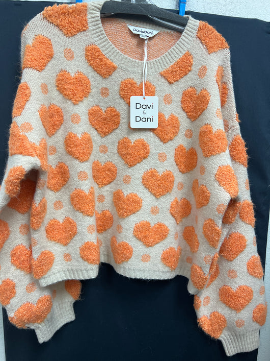 Davi & Dani fuzzy tangerine hearts sweater