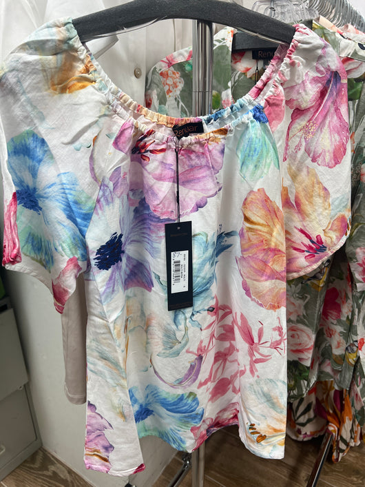 Renuar multi floral linen short sleeve blouse