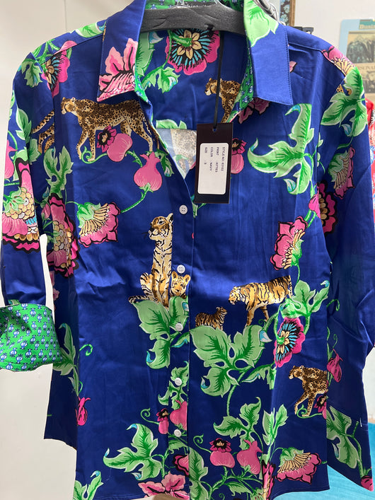 Shirttails blue leopards button up shirt