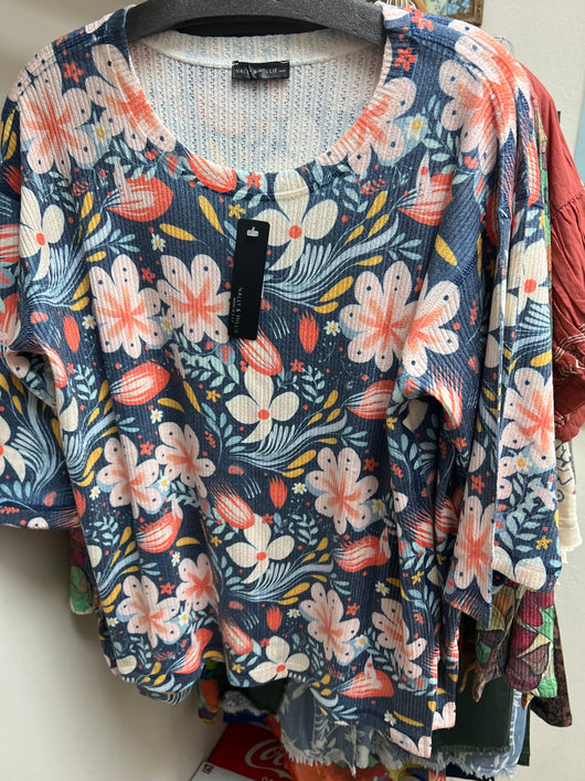 Nally & Millie blue floral ribbed top