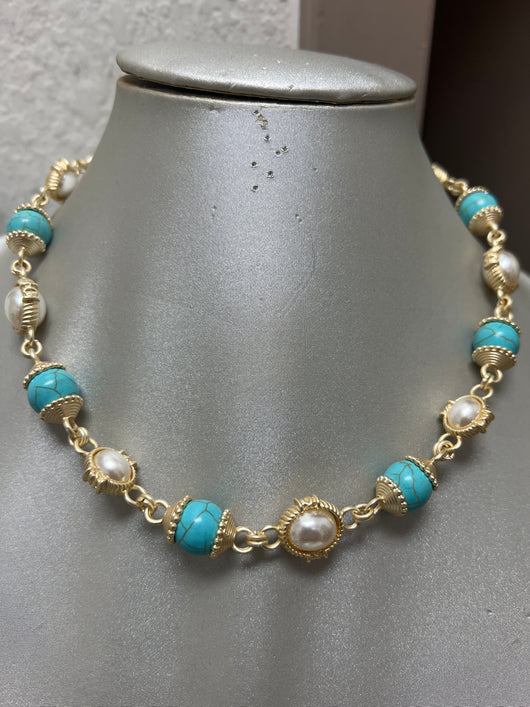 Lordane gold pearl turquoise necklace