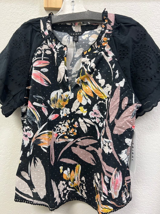 Tribal textured ruffle sleeve top black multi