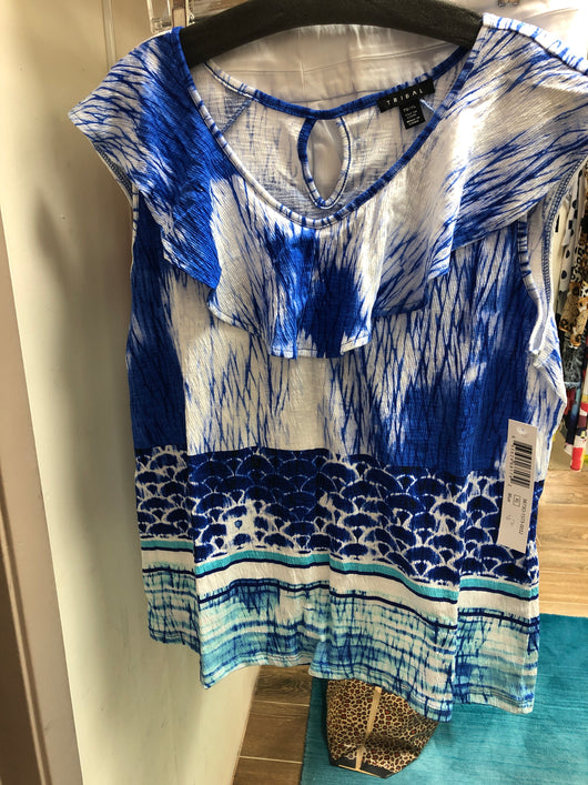 Tribal sleeveless ruffle top blue